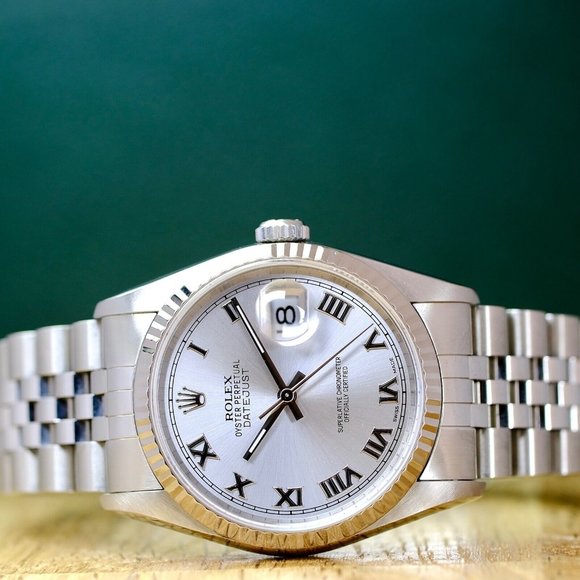 ROLEX DATEJUST UNISEX WATCH 36 MM SILVER ROMAN DIAL STEEL FLUTED JUBILEE 16234 - Picture 6 of 11